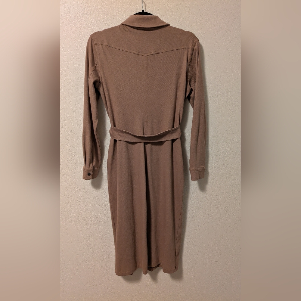 Woman With Control Tan Long Sleeve Shirt Dress - Picture 2 of 6